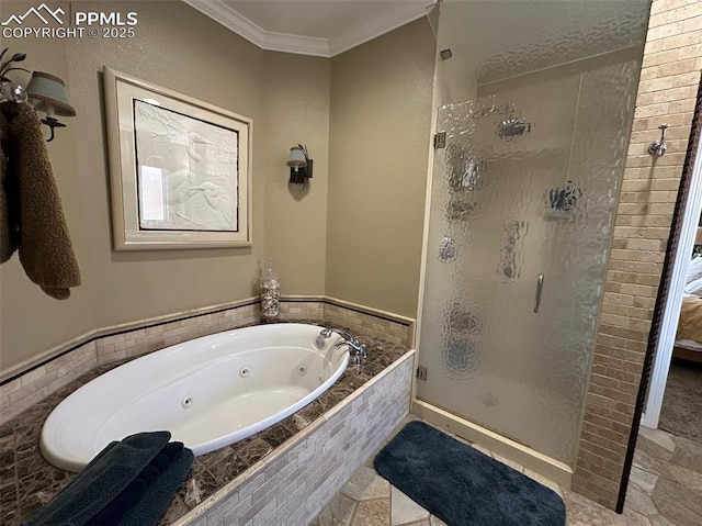 bathroom with a whirlpool tub, a shower stall, and crown molding