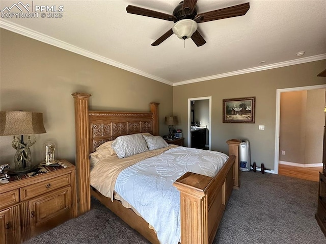 carpeted bedroom with baseboards, ceiling fan, and ornamental molding