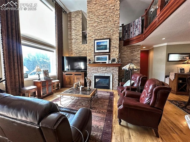 living area featuring a stone fireplace, wood finished floors, and ornamental molding