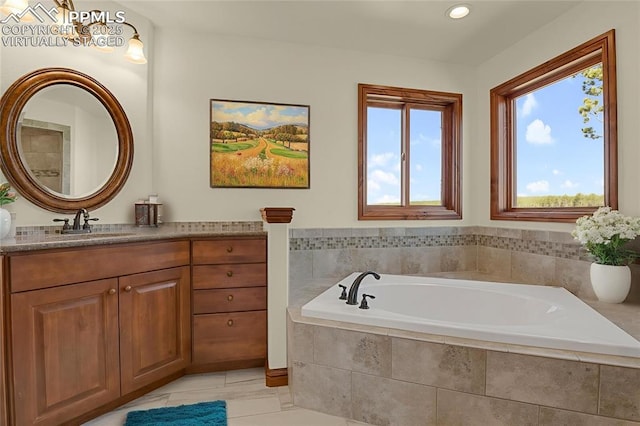 14060 Black Forest Rd, Colorado Springs, CO 80908 - bathroom featuring a bath, vanity, tile patterned floors, and recessed lighting