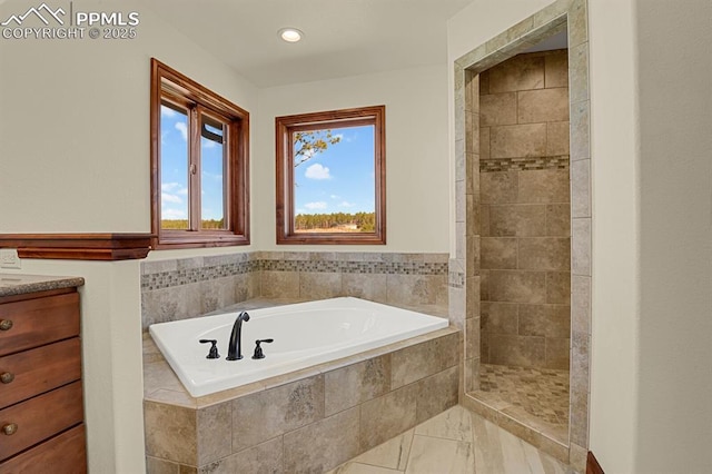 14060 Black Forest Rd, Colorado Springs, CO 80908 - full bath featuring marble finish floor, a garden tub, a tile shower, and recessed lighting