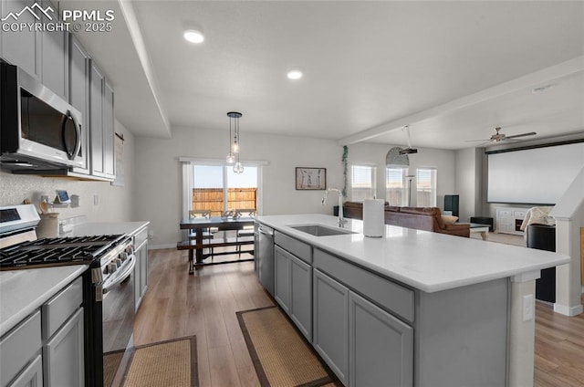 kitchen with gray cabinetry, plenty of natural light, appliances with stainless steel finishes, and a sink