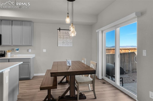 dining space featuring light wood finished floors and baseboards