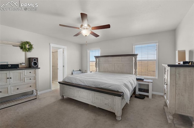 bedroom featuring multiple windows, light colored carpet, and baseboards