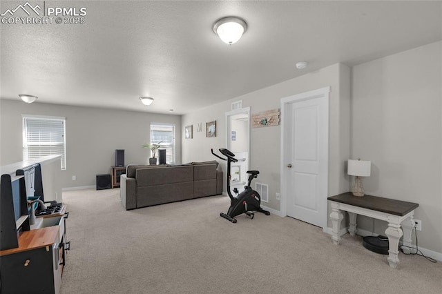 workout area featuring visible vents, carpet floors, a textured ceiling, and baseboards