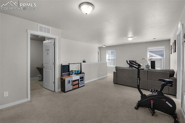 exercise area with visible vents, a healthy amount of sunlight, baseboards, and carpet floors