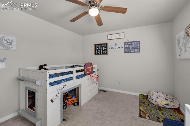 bedroom featuring a ceiling fan, visible vents, carpet, and baseboards