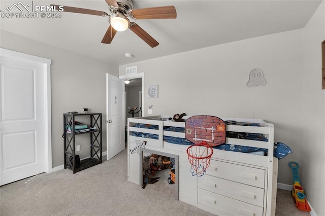 bedroom with ceiling fan, carpet, visible vents, and baseboards