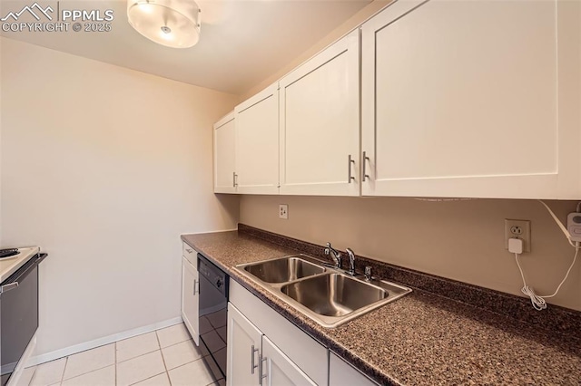 kitchen featuring a sink, dark countertops, dishwasher, and white cabinets