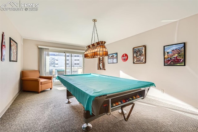 playroom with baseboards, billiards, and carpet flooring