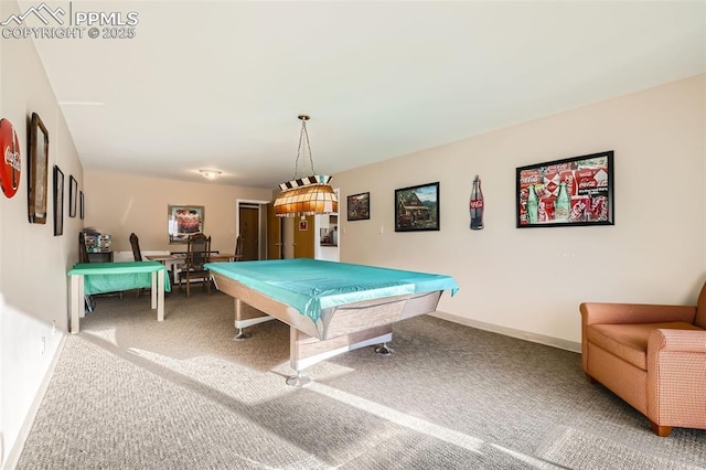 game room with billiards, carpet, and baseboards