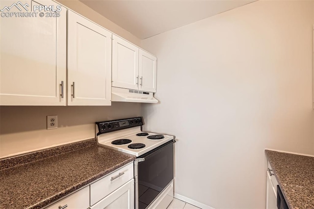 kitchen with white electric range, under cabinet range hood, dark stone countertops, white cabinetry, and baseboards