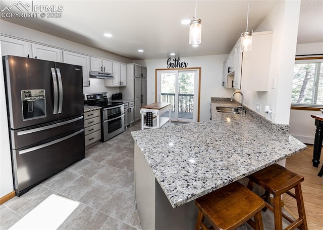 kitchen with a sink, white cabinetry, a peninsula, range with two ovens, and black refrigerator with ice dispenser