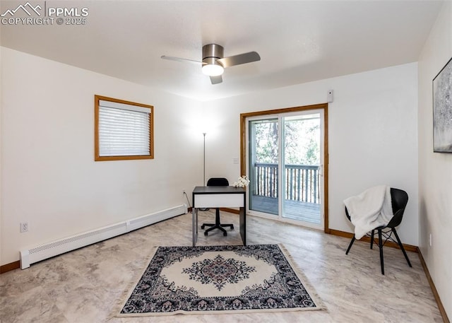 office with baseboards, a baseboard heating unit, and ceiling fan