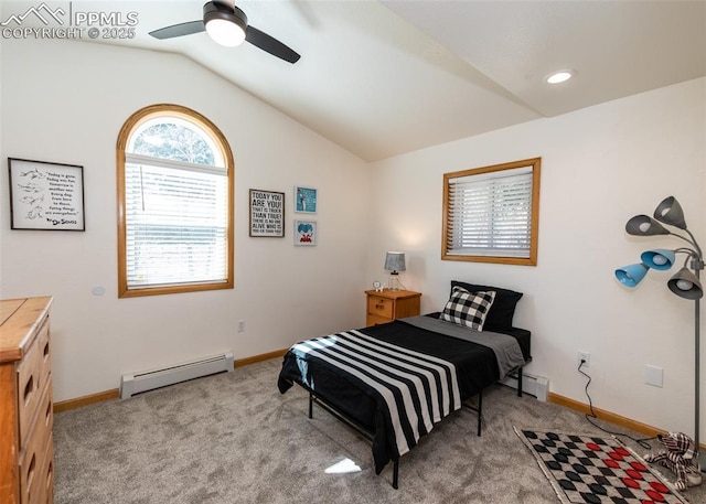 carpeted bedroom with a baseboard heating unit, lofted ceiling, and baseboards