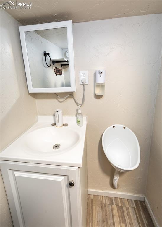 bathroom with vanity, wood finished floors, and baseboards