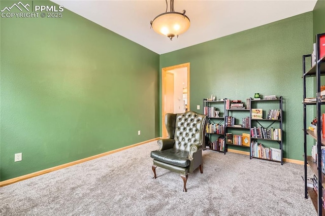 sitting room with baseboards and carpet