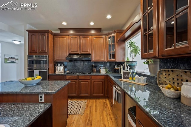 14650 Eastonville Rd, Elbert, CO 80106 - kitchen featuring appliances with stainless steel finishes, a sink, light wood finished floors, dark stone counters, and under cabinet range hood