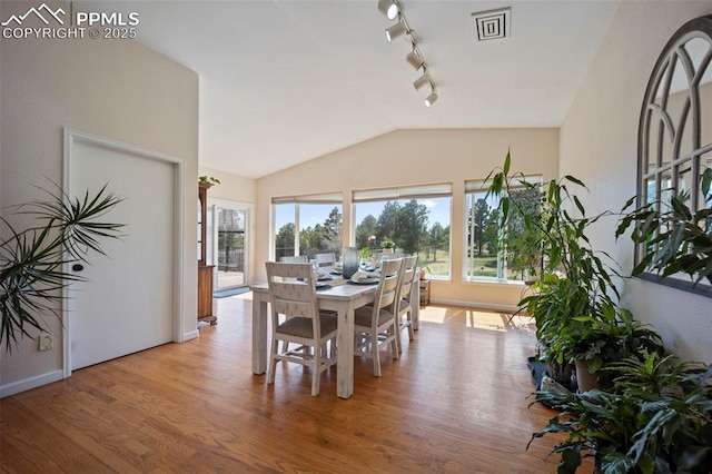 14650 Eastonville Rd, Elbert, CO 80106 - dining space with rail lighting, lofted ceiling, and wood finished floors
