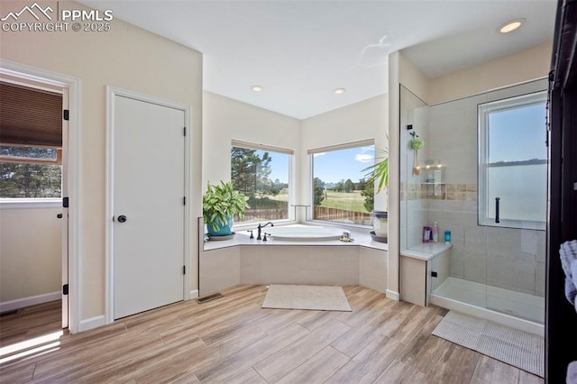 14650 Eastonville Rd, Elbert, CO 80106 - full bath with wood finished floors, a healthy amount of sunlight, a bath, and a stall shower