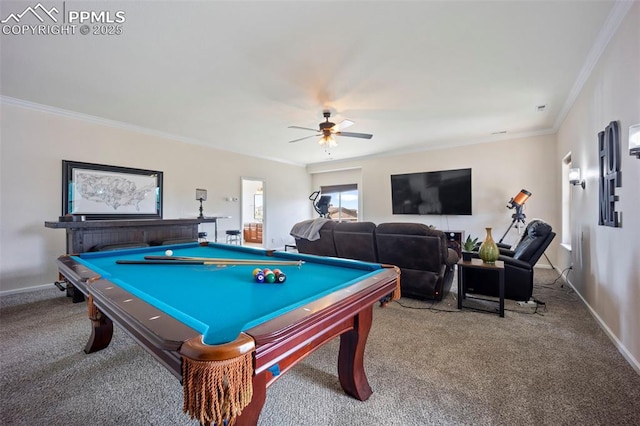 14650 Eastonville Rd, Elbert, CO 80106 - recreation room featuring carpet floors, crown molding, billiards, and ceiling fan