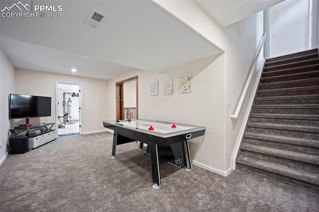 14650 Eastonville Rd, Elbert, CO 80106 - rec room featuring carpet floors, baseboards, recessed lighting, and visible vents