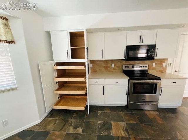 kitchen featuring backsplash, black microwave, stainless steel electric stove, light countertops, and white cabinets