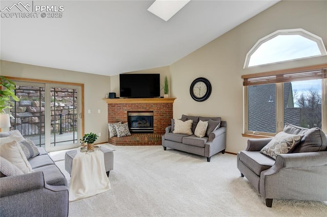 living room featuring a brick fireplace, light carpet, baseboards, and vaulted ceiling