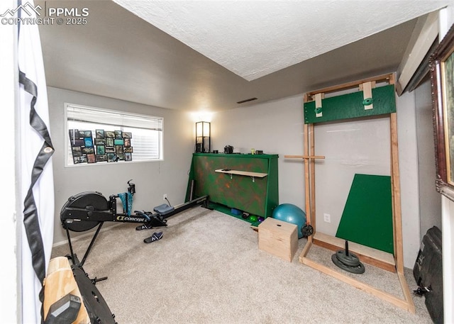 exercise area featuring visible vents, carpet floors, and a textured ceiling