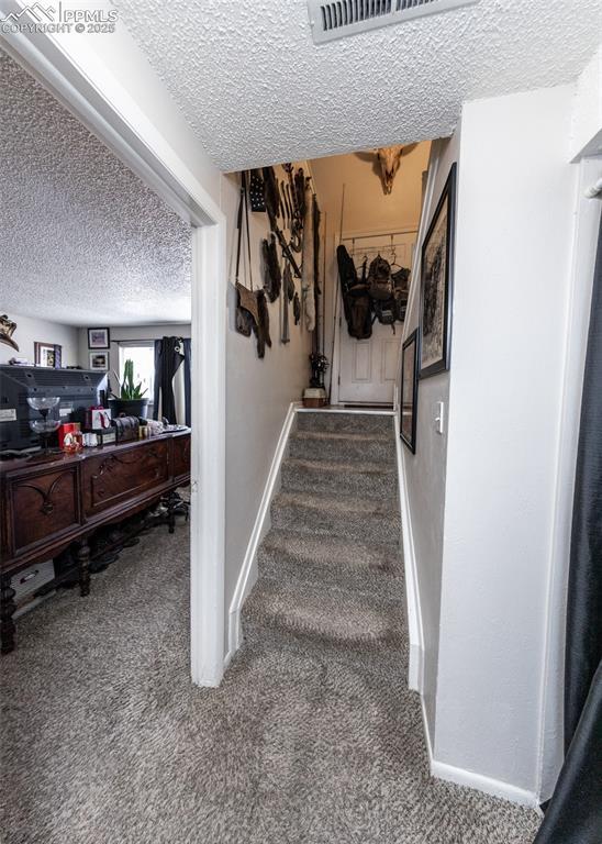 staircase featuring carpet flooring, visible vents, a textured ceiling, and baseboards