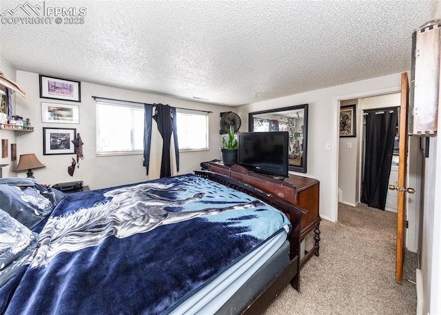 carpeted bedroom with a textured ceiling