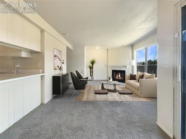 living area with carpet floors and a glass covered fireplace