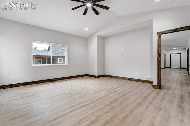 1309 Stone Ridge Dr, Woodland Park, CO 80863 - empty room featuring lofted ceiling, light wood-style flooring, a ceiling fan, and baseboards