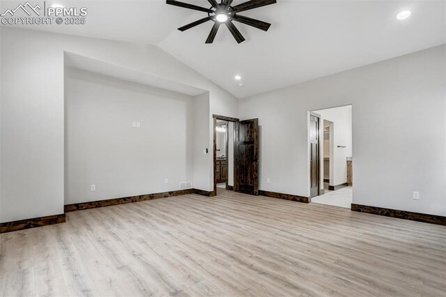 1309 Stone Ridge Dr, Woodland Park, CO 80863 - interior space with visible vents, baseboards, lofted ceiling, wood finished floors, and a ceiling fan