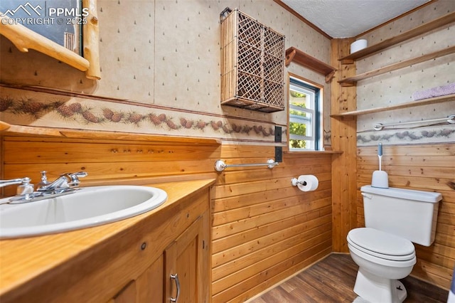 987 Blossom Rd, Woodland Park, CO 80863 - half bath featuring vanity, wood finished floors, wood walls, a textured ceiling, and toilet