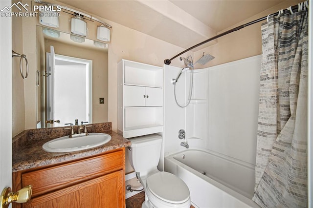 full bathroom featuring toilet, shower / bath combo, and vanity