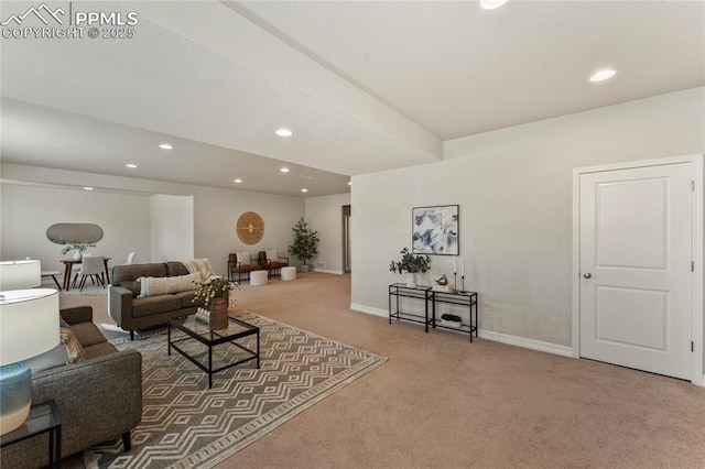 living area featuring carpet flooring, recessed lighting, and baseboards