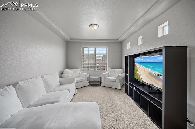 carpeted living area with a tray ceiling, a textured ceiling, and a textured wall