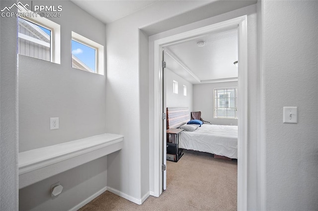 corridor with baseboards and carpet