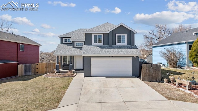 traditional home with fence, concrete driveway, roof with shingles, stucco siding, and an attached garage