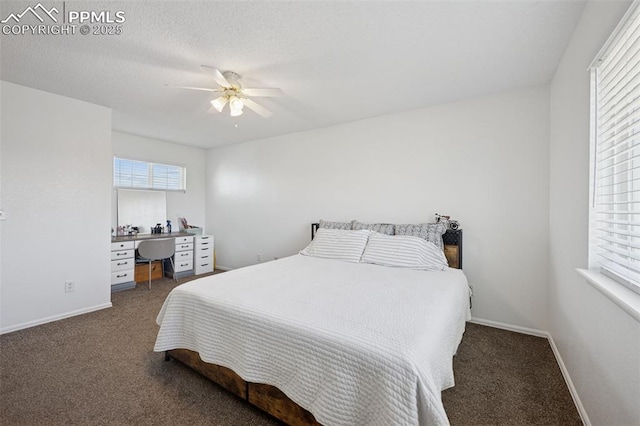 bedroom featuring baseboards, a textured ceiling, ceiling fan, and carpet flooring