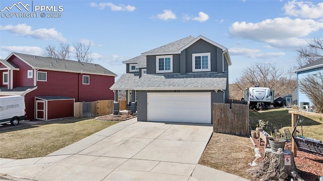 view of front of home featuring fence, concrete driveway, roof with shingles, stucco siding, and a garage