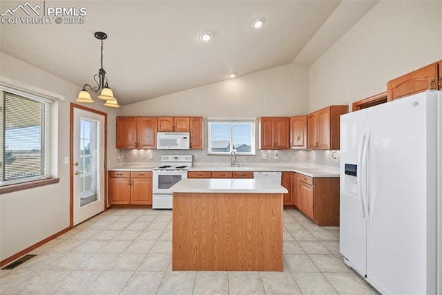 kitchen featuring white appliances, light tile patterned floors, visible vents, decorative backsplash, and light countertops