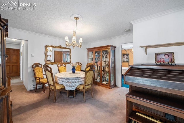 dining room with crown molding, carpet flooring, and a textured ceiling