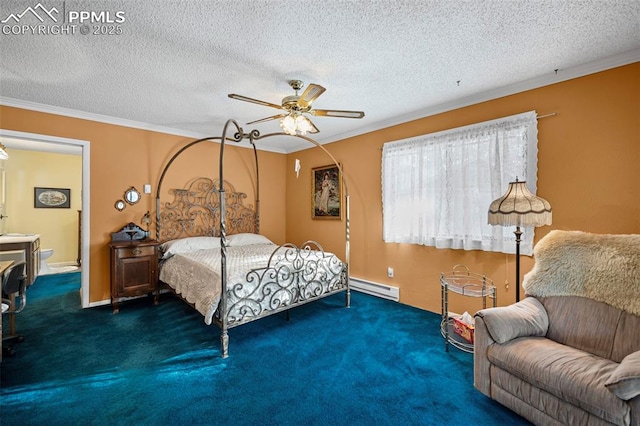 bedroom with a textured ceiling, baseboard heating, crown molding, and carpet