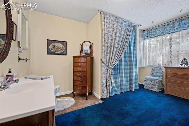 bathroom with toilet, a textured ceiling, vanity, and baseboards