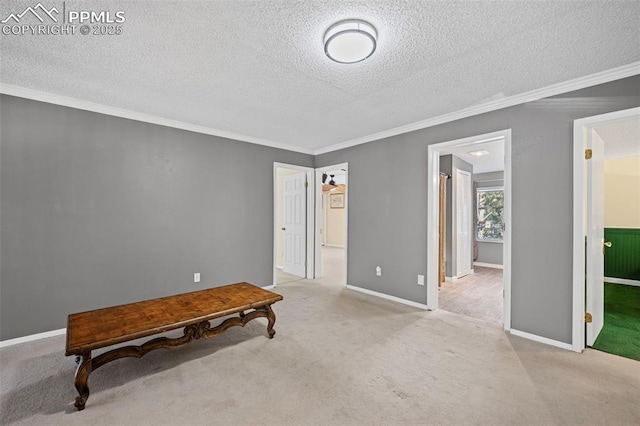 unfurnished bedroom featuring ornamental molding, a textured ceiling, baseboards, and carpet floors