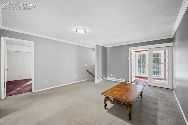 unfurnished living room featuring baseboards, ornamental molding, carpet floors, a textured ceiling, and a baseboard radiator