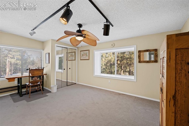 office space featuring baseboards, carpet floors, a textured ceiling, and track lighting