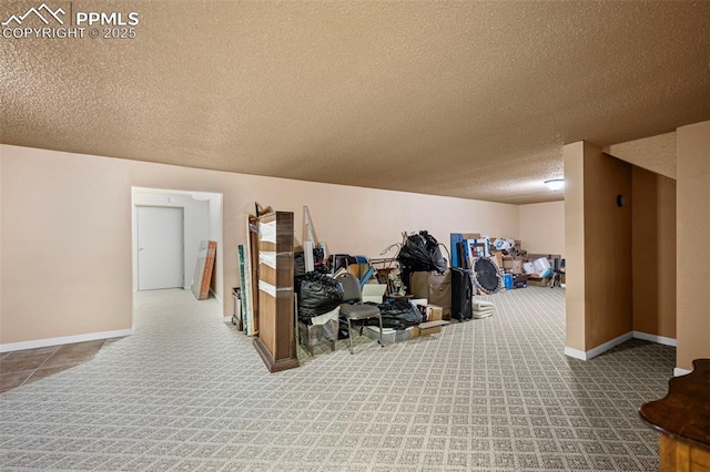 interior space featuring carpet, baseboards, and a textured ceiling